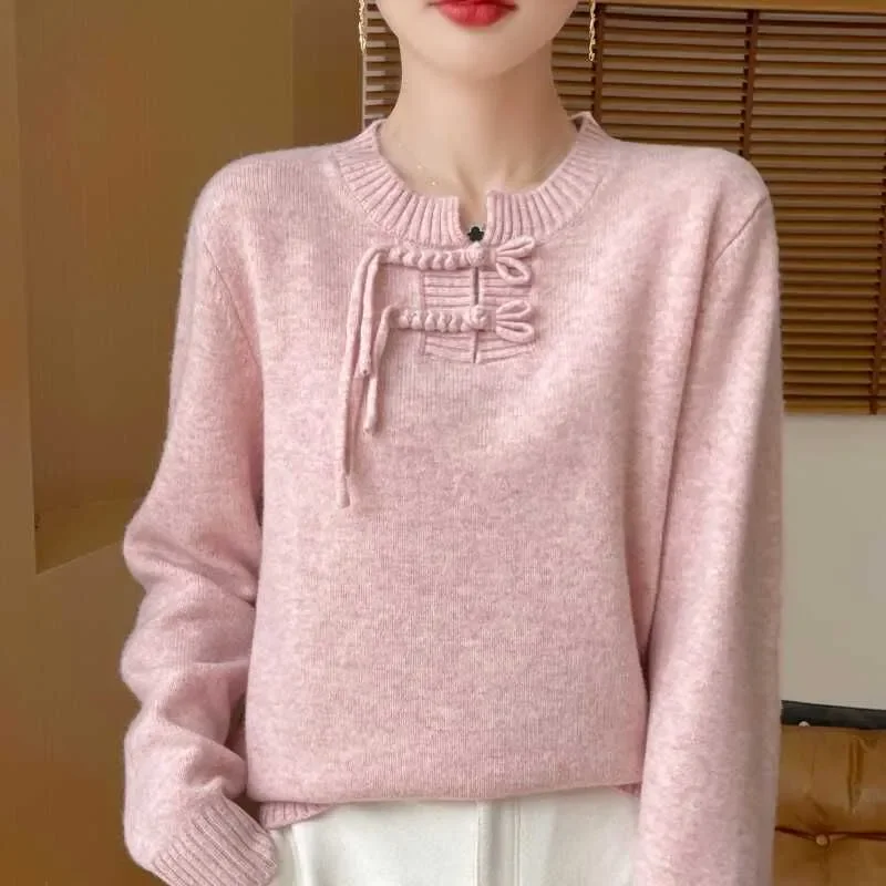 جديد النمط الصيني مشبك متماسكة سترة للنساء في الخريف والشتاء جولة الرقبة فضفاضة سترة عصرية تنوعا قاعدة ارتداء