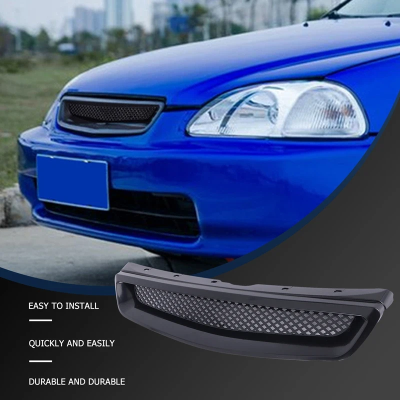 EK T-R Style Front Bumper Hood Mesh Grill Racing Grille For Honda Civic EK CX DX EX HX LX Type R 1999-2000 Glossy Black