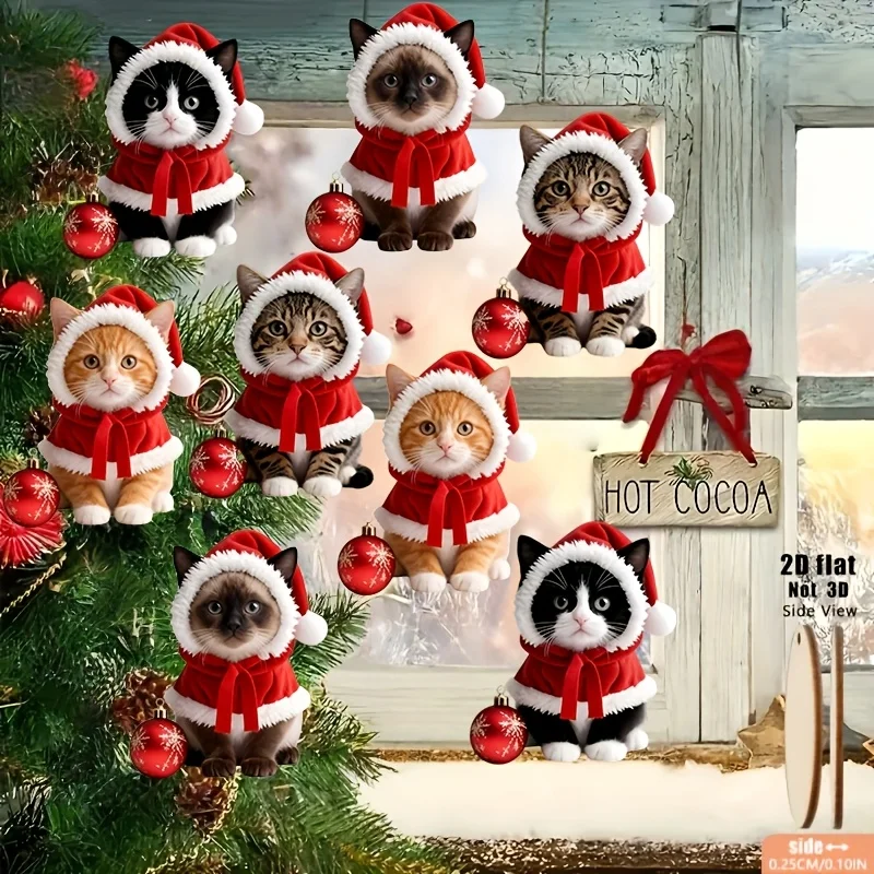 8/16 zufällig ausgewählte Kätzchen-förmige Ornamente mit Weihnachtsmützen, flache 2D-Feiertagsanhänger, Holz-Hängedekorationen, geeignet für Bäume, Heimdekoration, Partys und Weihnachtsgeschenke – Detail 3