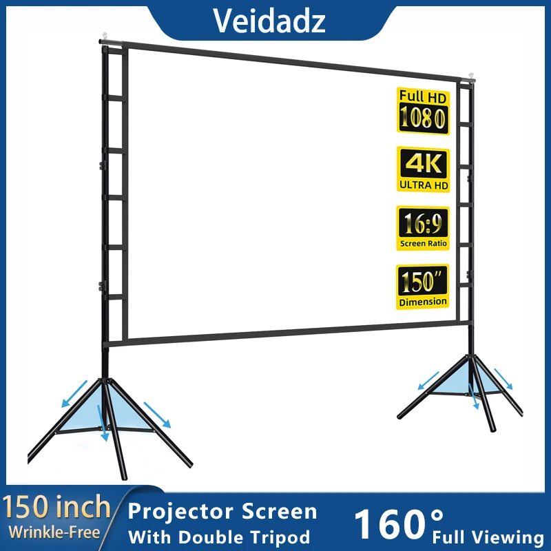 Écran de projecteur VEIDADZ avec support blanc sans plis 160 °   Angle de vision 60-150 pouces, écran double face, cinéma maison extérieur