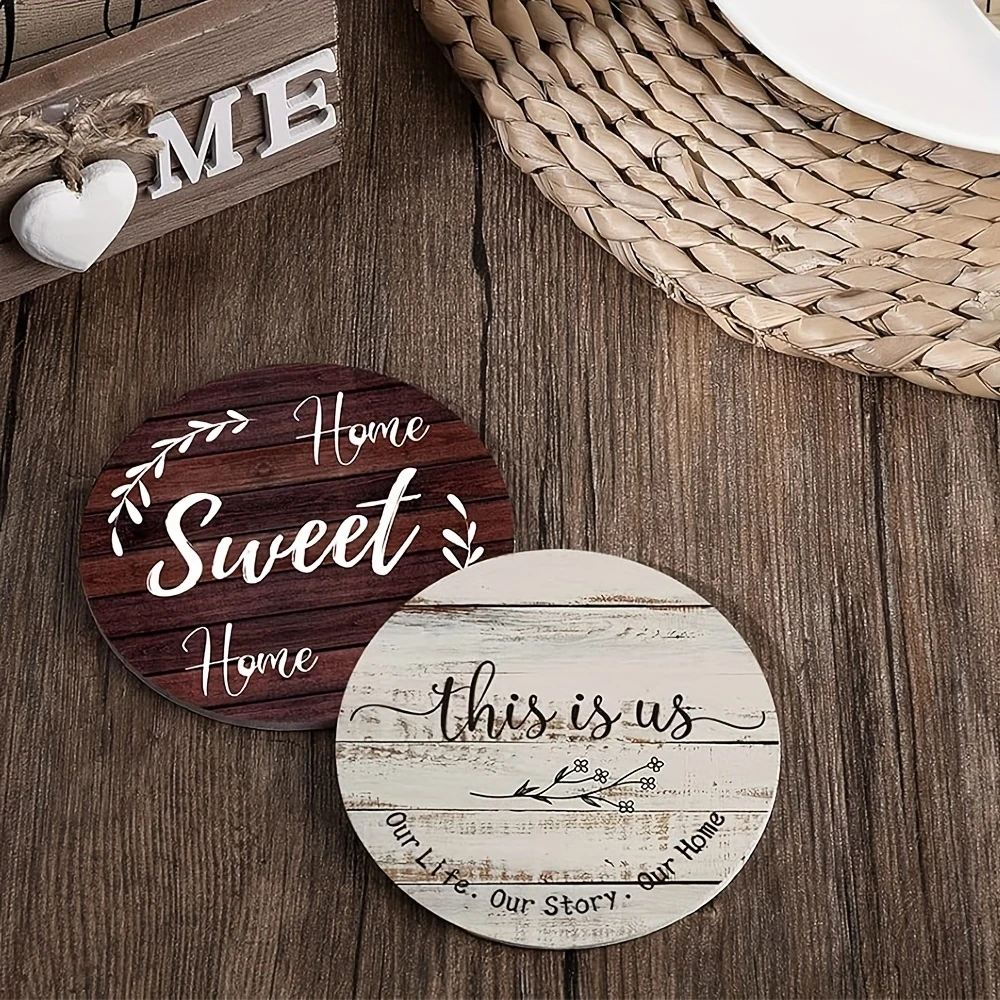 Set of 6 2D Motivational Words Theme Pattern Art Coasters Round Wooden Heat Resistant Non-Slip Home Decor Gift Multifunctional
