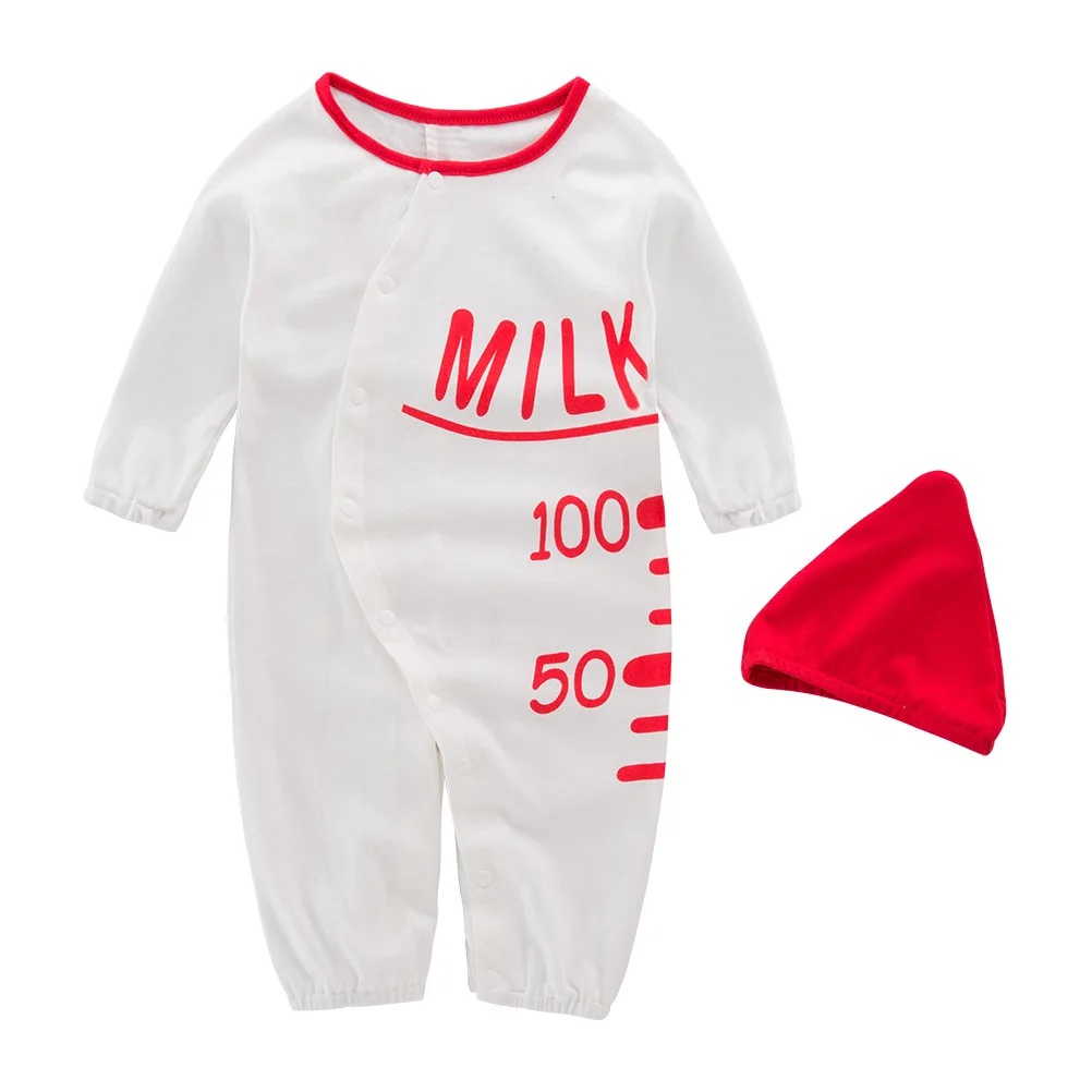 Baby Cute Milk Clothing Cotton Long Sleeves Autumn Romper with Hat 2pcs Set Infant Kids Outfit Costume for Toldder Outwear
