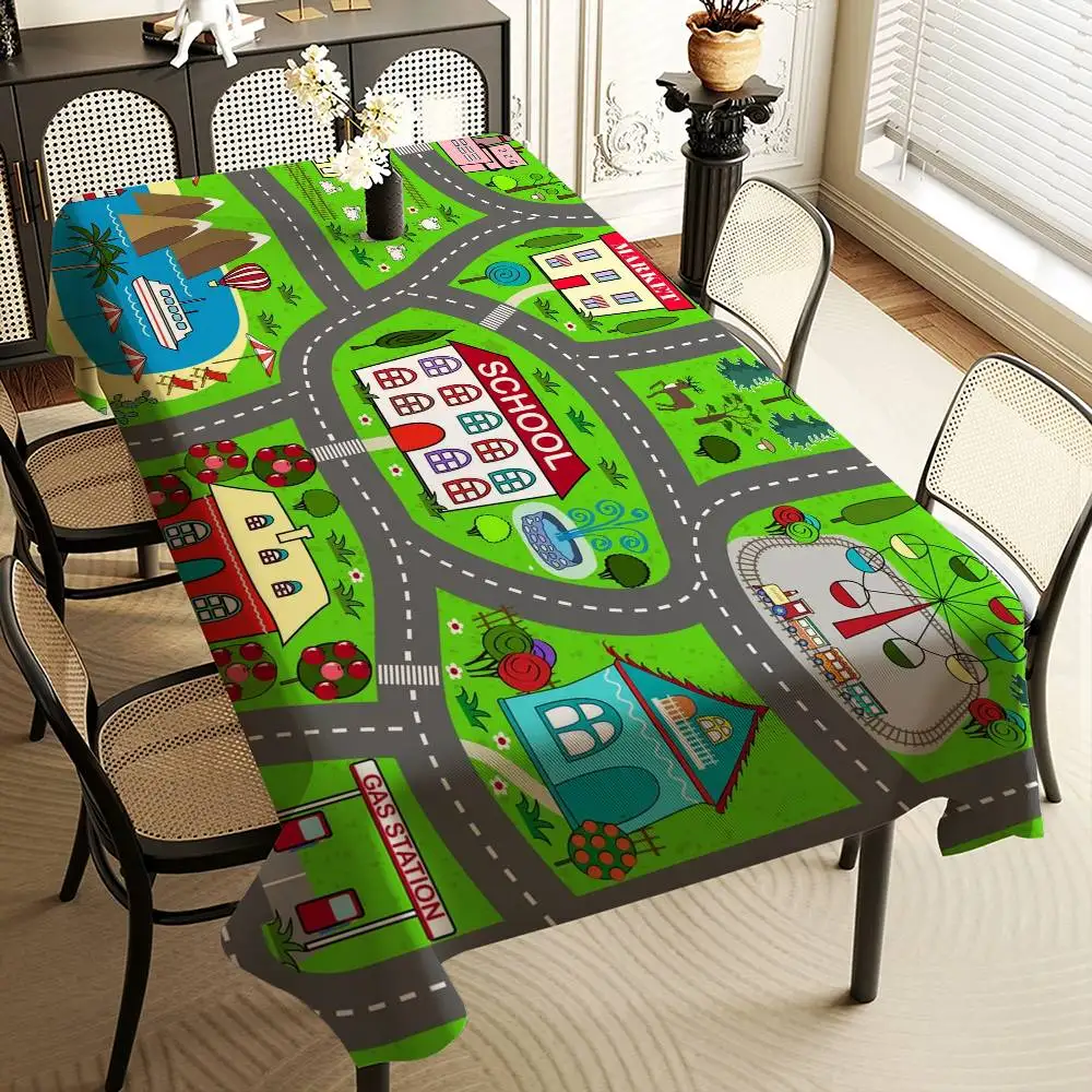 Cartoon Road Rectangle Tablecloths Printed Table Cloth for Farmhouse Holiday Wedding Party Dining Table Decor