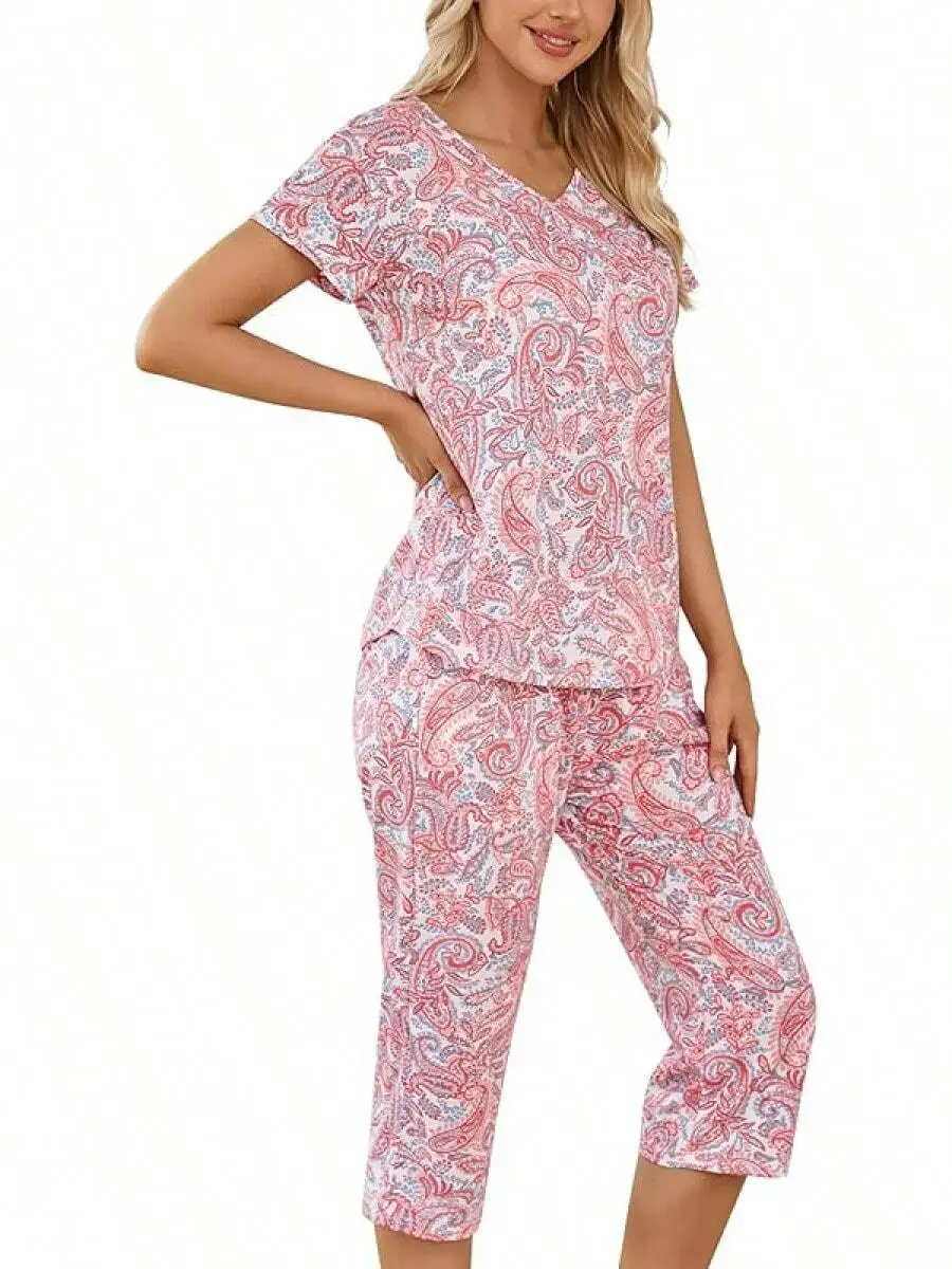

Womens Cotton Pajama Set With Short Sleeve Top And Capri Pants