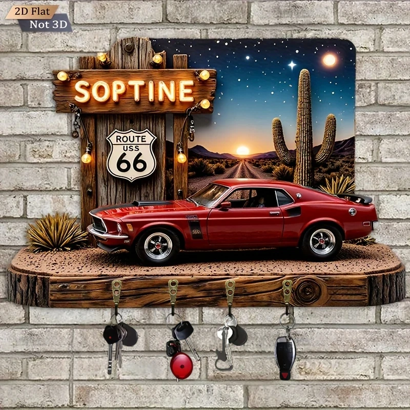 2D Flat.1pc. Route 66 Sports Car Key Hook - Multifunctional Decorative Key Holder, with a Blank Back for Wishes and Blessings,
