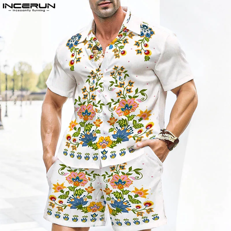 INCERUN 2025 America Style Sets Stylish Men's Short Sleeved Shirts Drawstring Shorts Leisure Floral Printed Suit 2 Pieces S-5XL