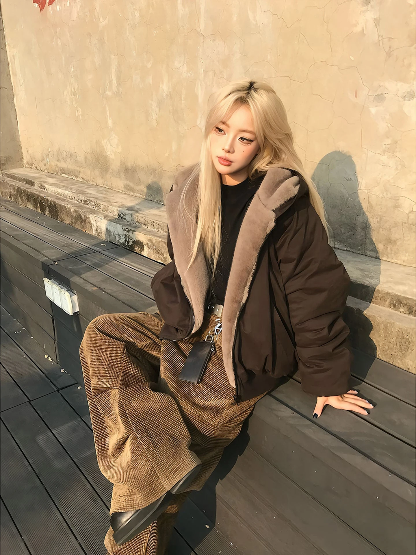 

Bla Double-Sided Wearable Mountain Eagle Cotton Jaet ex Winter Casual Thiened Warm Fce Outerwear for Couples