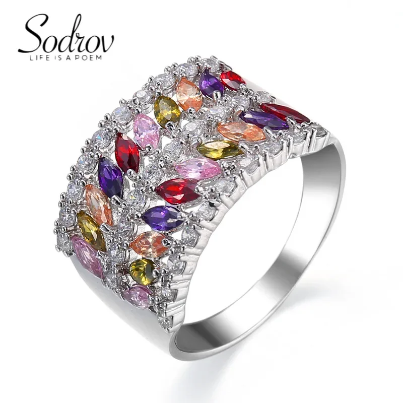 SODROV Luxury Rainbow Crystal Jewelry Rings for Women Colorful Zircon Wedding Rings Engagement Ring Gift