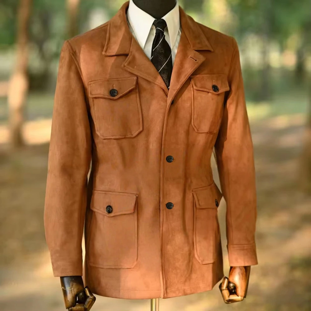 Men's Suede Hunting Blazer Jacket Classic Notch Lapel Multi-Pocket Safari Coat Casual Business Work Outerwear for Fall & Winter