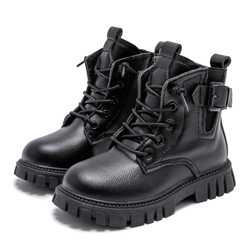 Bottines classiques pour enfants noir fond épais filles mode école bottes en cuir casual polyvalent enfants défilé bottes courtes