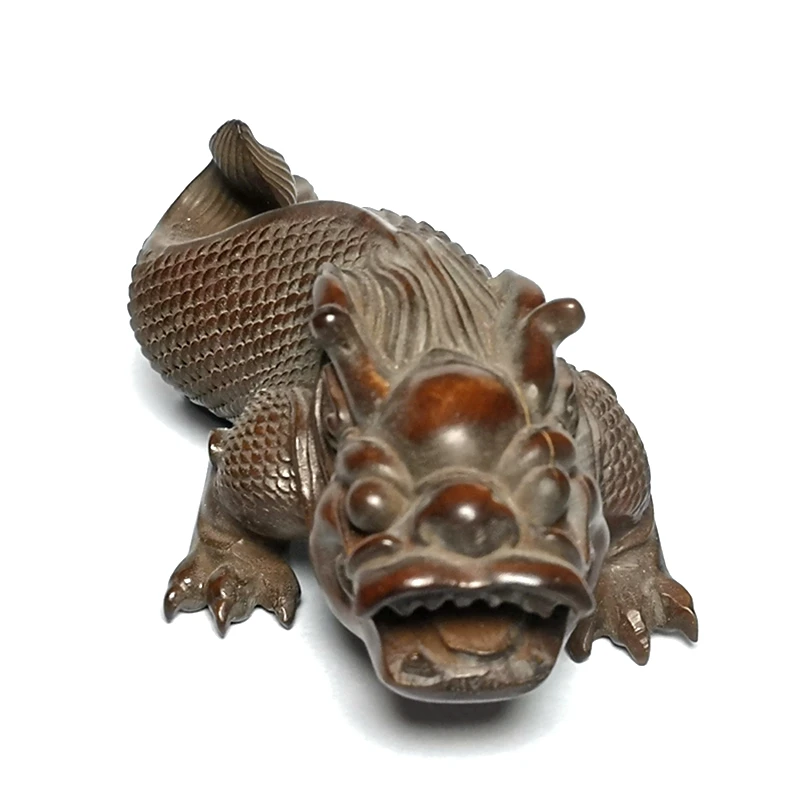 YIZHU CULTUER ART Size 4 Inch Old Chinese Boxwood Hand Carved Loong Dragon Figurine Statue Family Ornament Gift Collectable