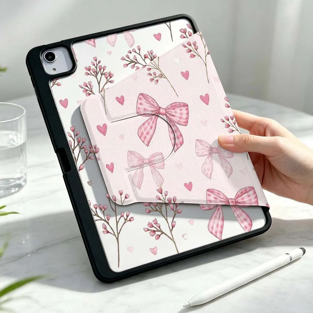 Bow Floral Heart Pattern For iPad Pro Air mini 6 5 4 12th M5 M4 M3 M2 A16 A17Pro 360° Rotation Stylus Storage Tablet Case Soft