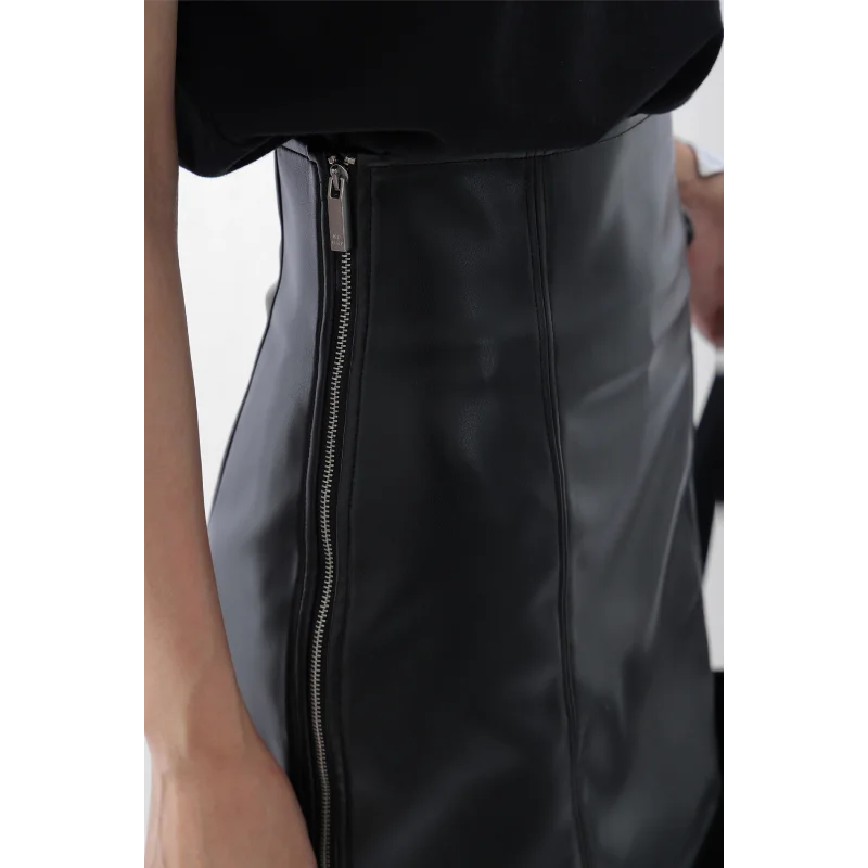 핫걸 블랙 가죽 하이웨이스트 슬림 A라인 가을 겨울 신상 부츠와 함께 착용하는 힙허깅 숏 스커트 여성용