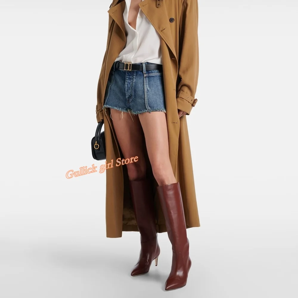 

Burgundy Knee High Leather Boots Stiletto Thin High Heel Sexy Pointed Toe Slip On Fashion 2024 Winter Autumn Women Dress Boots