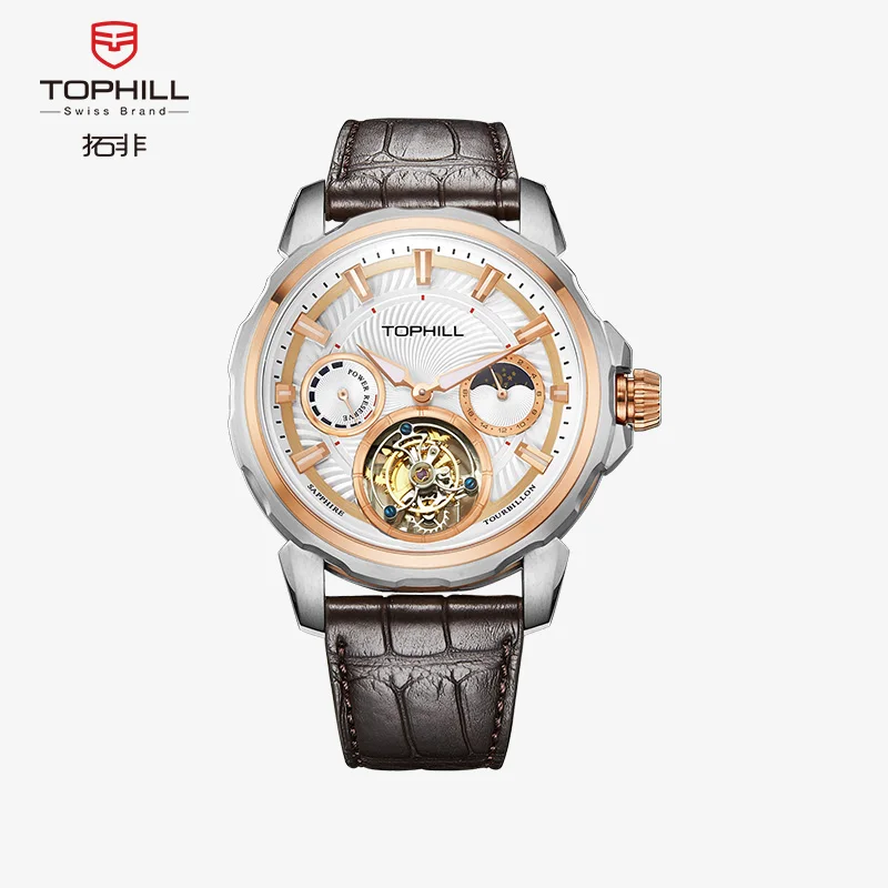 TOPHILL Tourbillon 21600HZ Crocodile Strap Waterproof Stainless Steel Sapphire Crystal Mechanical Hand Wind Watch for Man TU005G