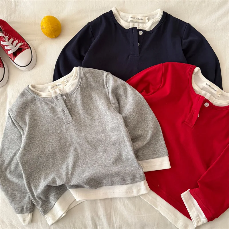 Children's Long Sleeved T-shirt 2026 Autumn New Product Children's Fake Two-piece T-shirt, Baby Round Neck Base