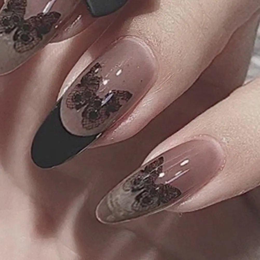 

Набор из 24 накладных ногтей: короткие искусственные ногти для женщин, готический дизайн с бабочками, декор для ногтей на Хэллоуин