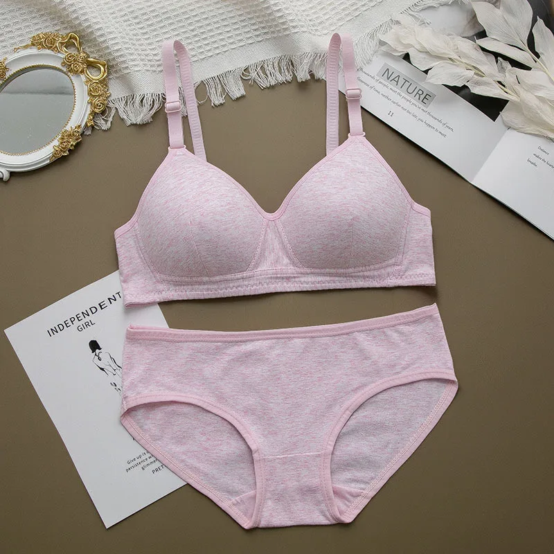 Cotton Wireless Bra Girls Underwear Gather Adjustment Type Student Bra Thin Section Solid Color Puberty Bra Set