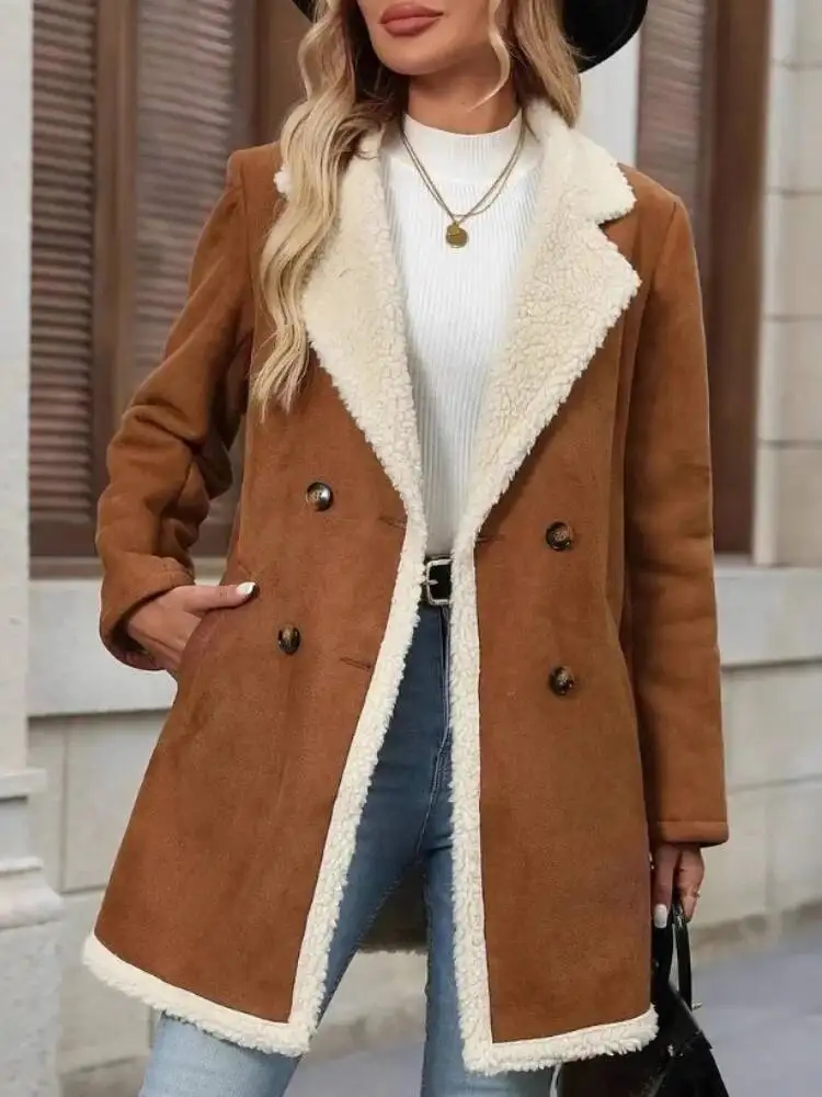 

Clothing Fleece Suede Medium Long Woolen Casual Notched Lapel Warm Jacket Autumn Winter Women's New In Solid Color Overcoat