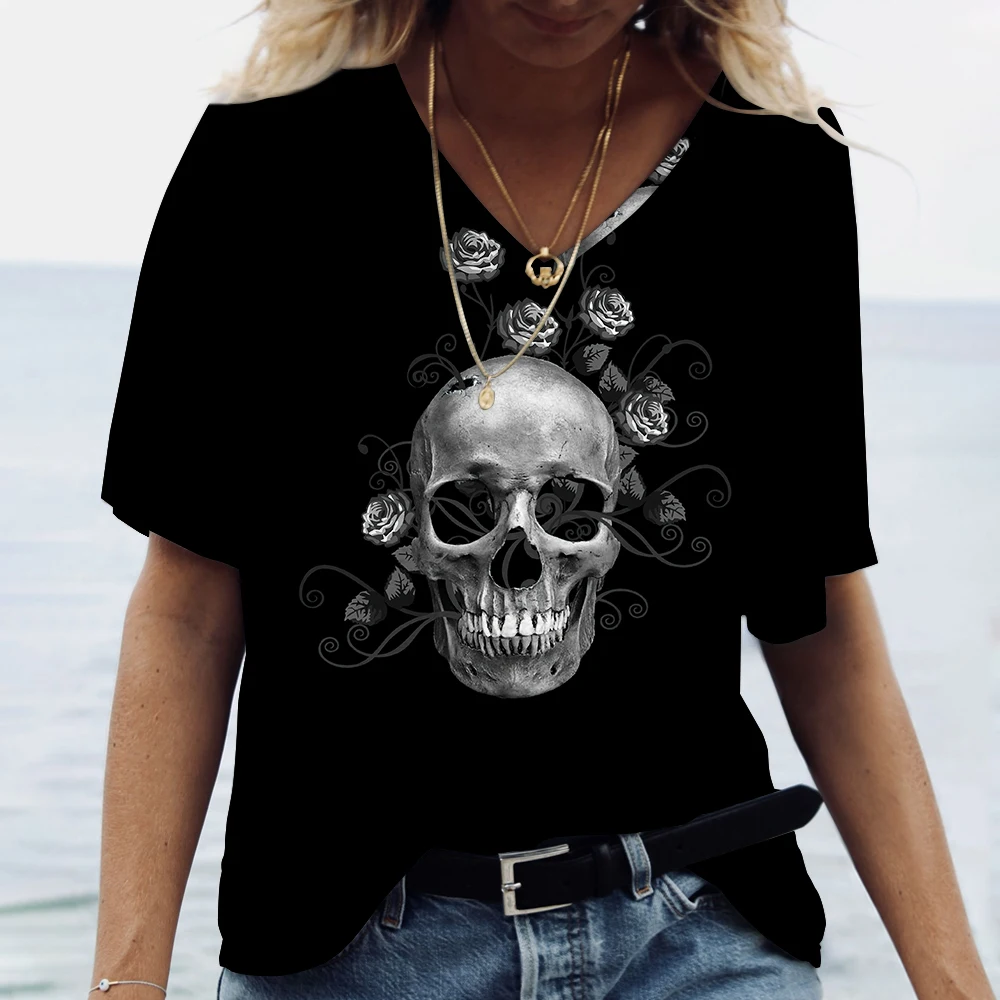 

3D Skulls Flower Print Women's T-shirts Fashion V-neck Short Sleeves Tees Summer Casual Female Clothing Loose Tops Streetwear