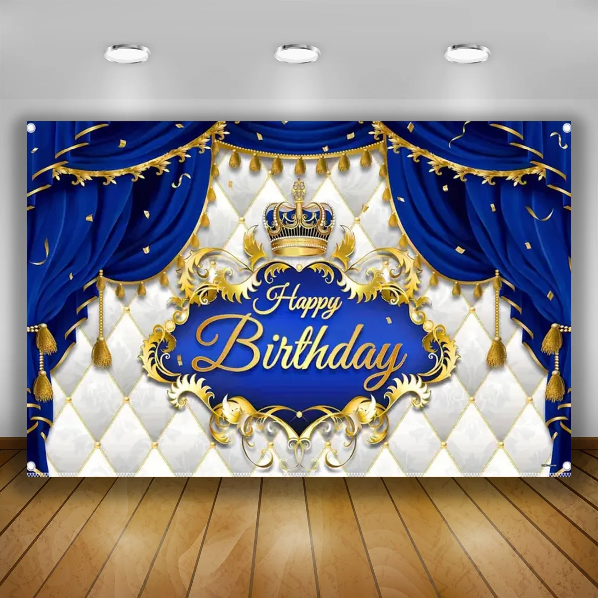 Happy Birthday Background Royal Crown Prince Golden Curtain Customize Name Party Gold Glitter Photo BackdropDecoration Supplies