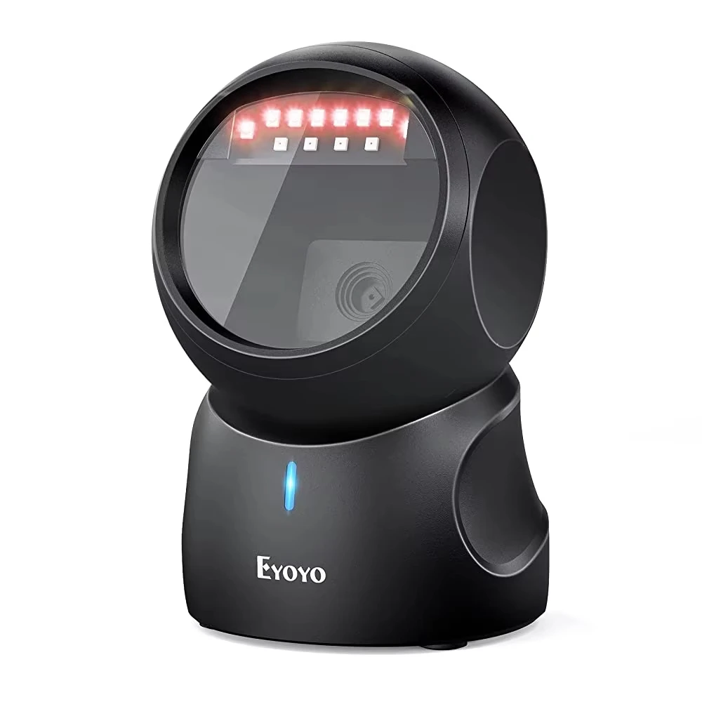 Eyoyo Lecteur de codes-barres omnidirectionnel mains libres avec détection automatique des codes QR et lecture à l'écran ; lecteur de codes-barres 1D et 2D de bureau, connecté par câble USB, destiné aux supermarchés