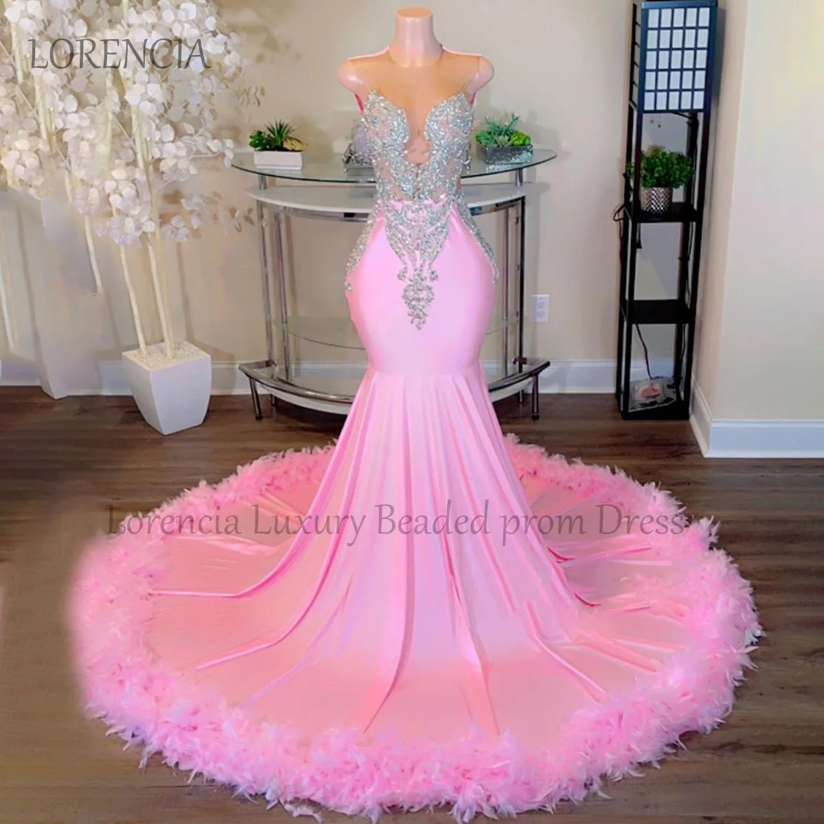 

Sparkly Pink Rhinestones Sexy Long Prom Dress Luxury Beads Crystal Feathers Evening Party Dress Black Girl vestidos de gala