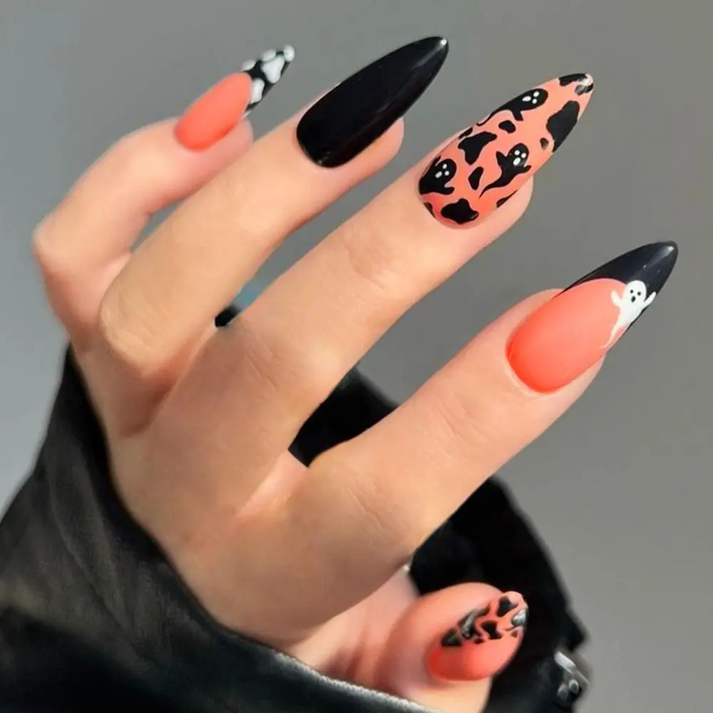 New Long Stiletto False Nails Moon Stars French Nail Tips Detachable Full Cover Press on Nails Women Girls