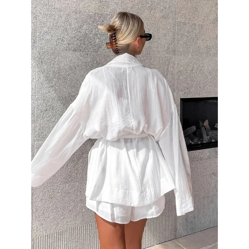 

New Women Turn-Down Collar Bathrobe Lace Up Pajama Shorts Set Casual Ladies Nightie Set White Nightgown Suit Long Sleeve Robe
