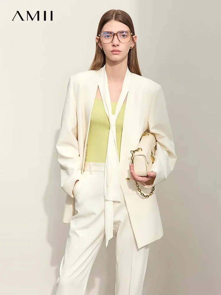 Amii Minimalism 2024 Blazers For Women Spring New Straps V-neck Solid Loose Mid-length Formal Professional Coat Female 12421018