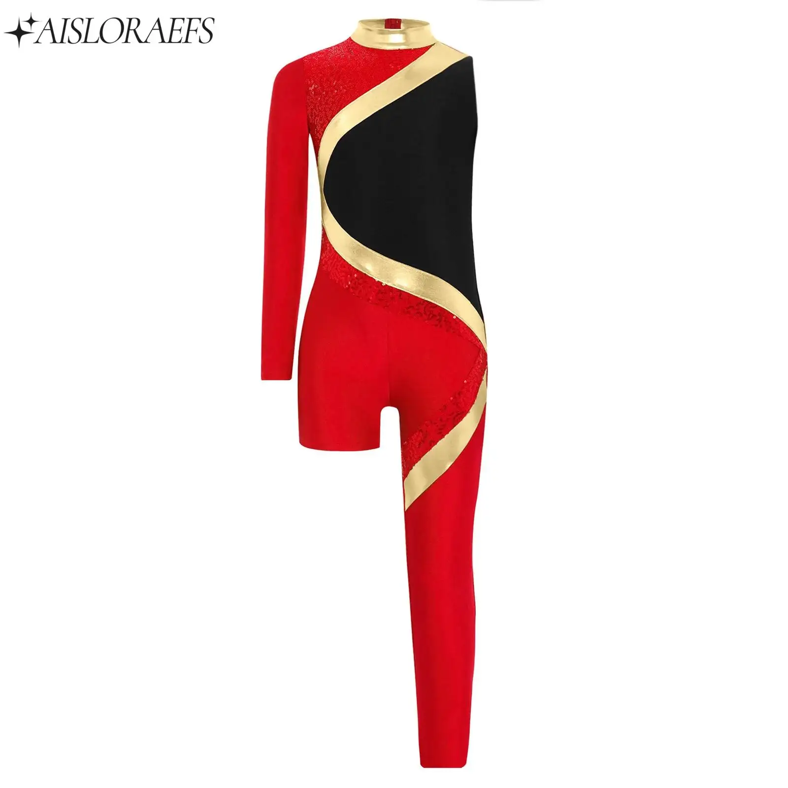 

Kids Teen Girl Figure Skating Dance Jumpsuit Stylish Shiny Sequins Asymmetrical Jumpsuit for Ballet Gymnastics Stage Performance