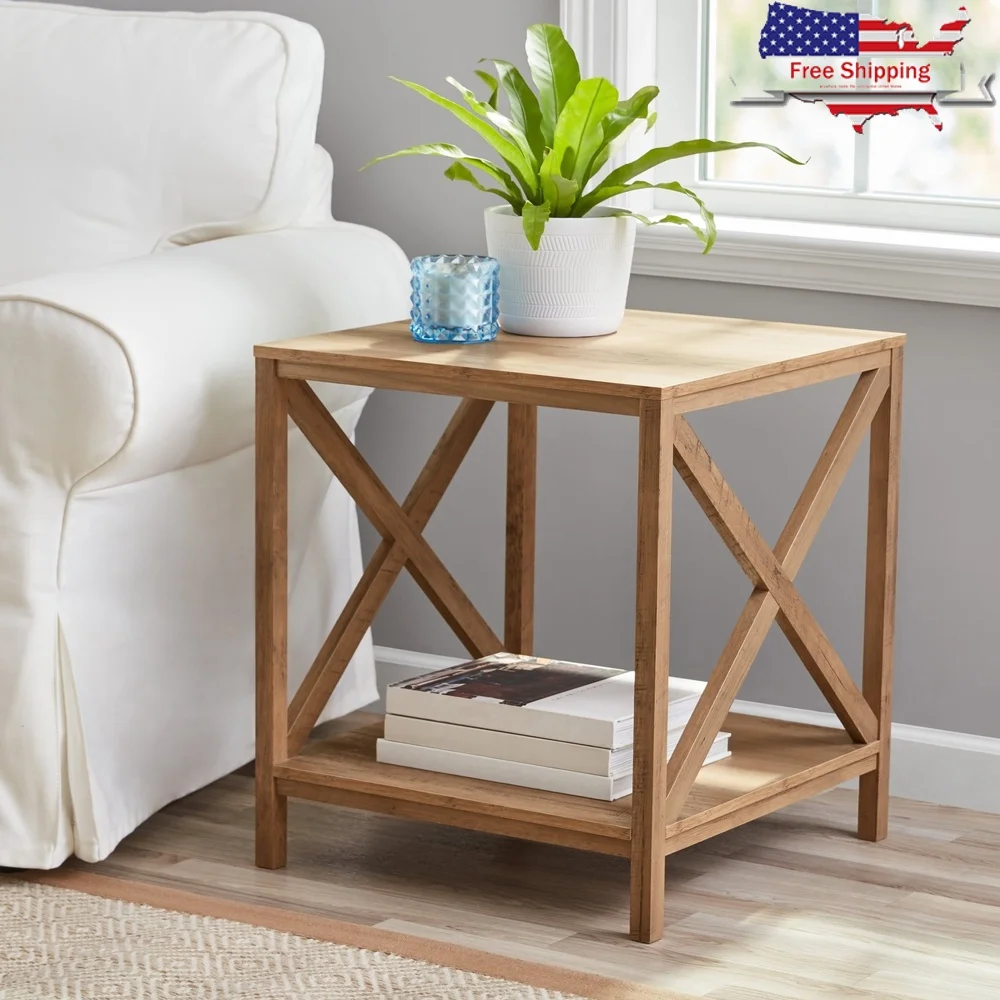 

Farmhouse Square Side Table with Storage X-Brace Design Rustic Weathered Oak Indoor End Table Easy Assembly