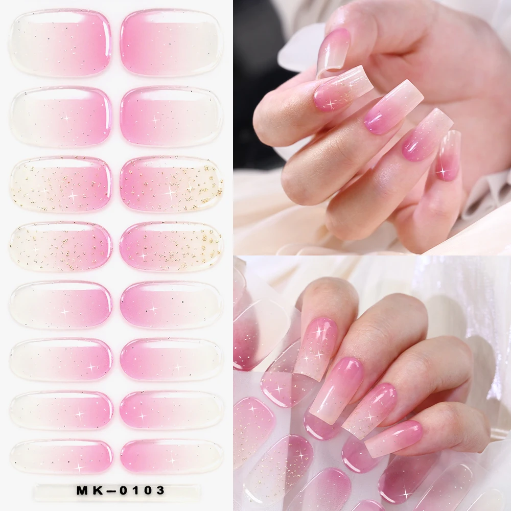 1pcs*16tips Ombre Pink Blush UV Polish Nail Strips Self-Adhesive Baking-Free Full Cover Glitter Nail Wrips Manicure UV Stickers