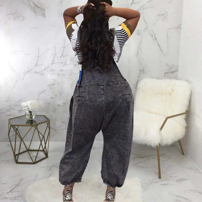 Women Fashion Denim Loose Cargo Jumpsuits Grommet Braces Pockets Wide Leg Pants One Piece Overalls Casual Street Jeans Rompers