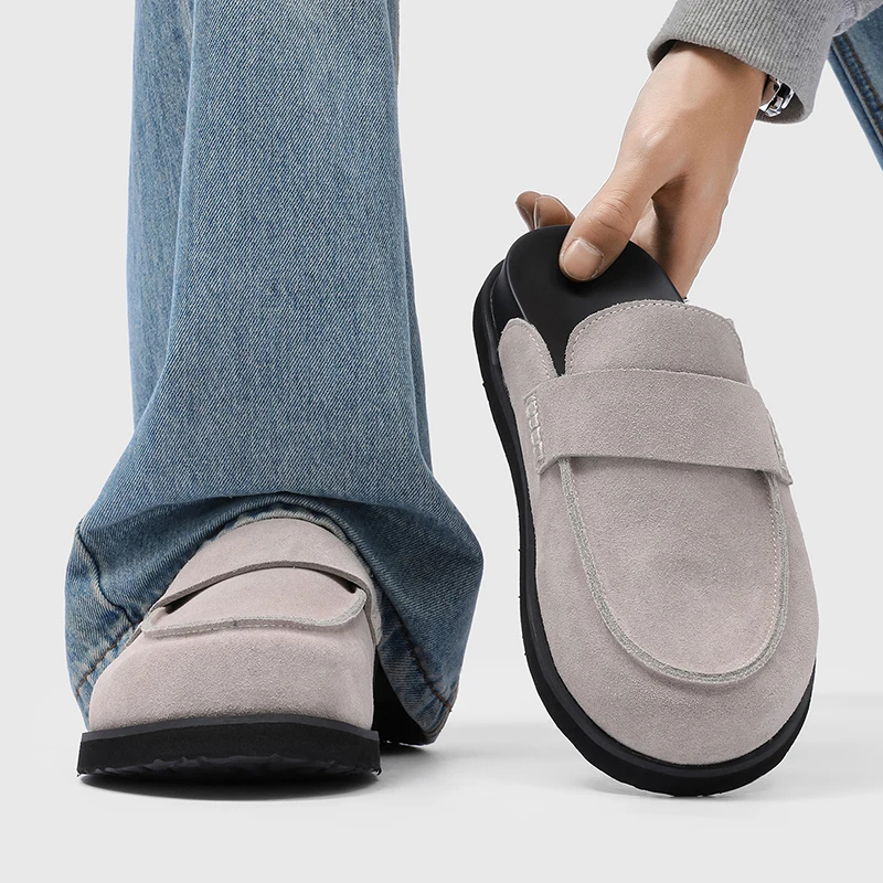 New Men Fashionable Semi Slippers Faux Suede Height Increasing Anti Slip High-end Retro Style Youthful Fashionable Slippers
