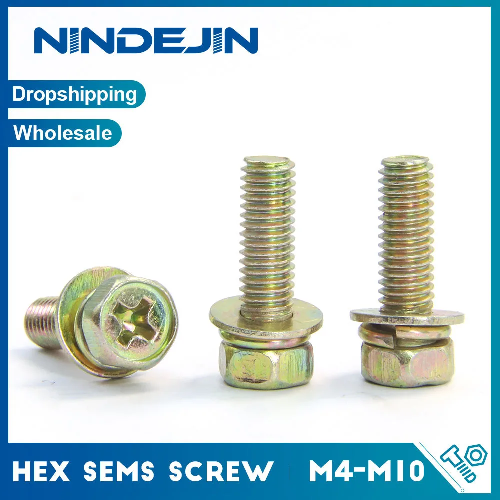 NINDEJIN Cross Hexagon Head Screw with Flat Washers Combine Spring Washers Yellow Zinc Steel M4 M5 M6 M8 Phillips SEMs