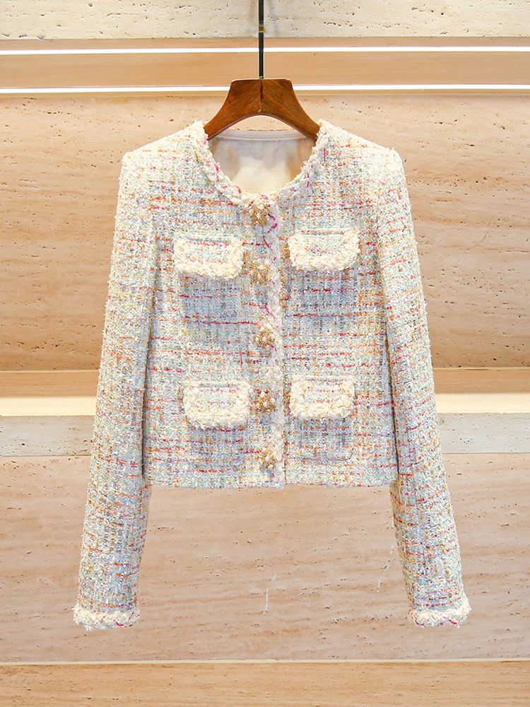 

Luxury Women's Winter Coat Heavy Embroidery Diamond Embedded Tweed Jaet Loose Fit round Ne Button Closure ort Sle