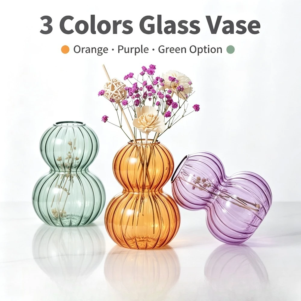 Gourd Shaped Vertical Striped Glass Vase Minimalist Hydroponic Flower Container Home Desktop Living Room Decor Ornament