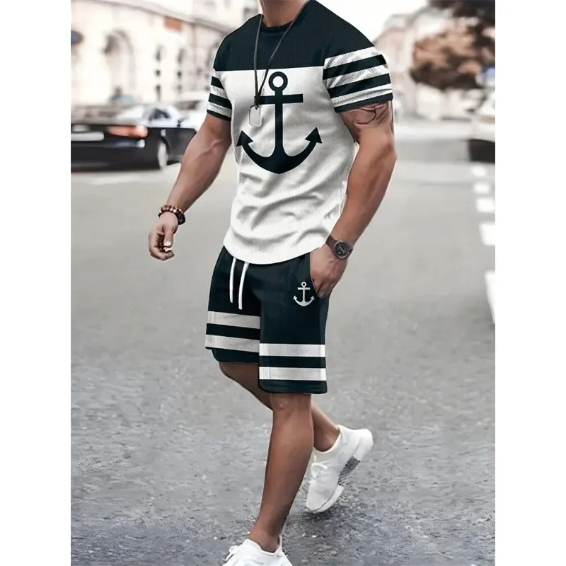 2025 High Quality Street Men's 3D Short Sleeve Loose Top Gradient Coconut Print Style Summer Fashion T-shirt Shorts Set