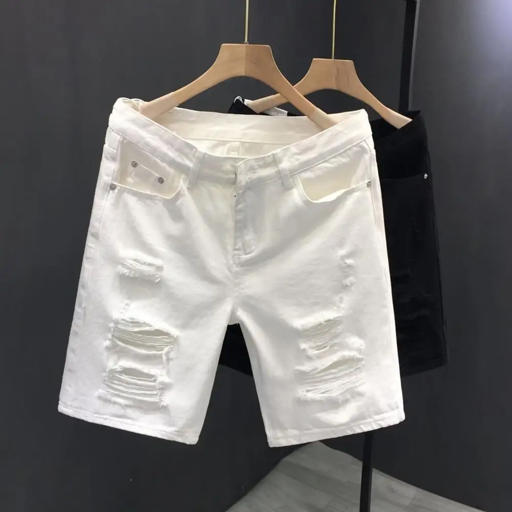 2024 New White Denim Shorts Men Ripped Knee Length Fashion Jeans Casual Ripped Hole Slim Male Short Pants Streetwear Shorts