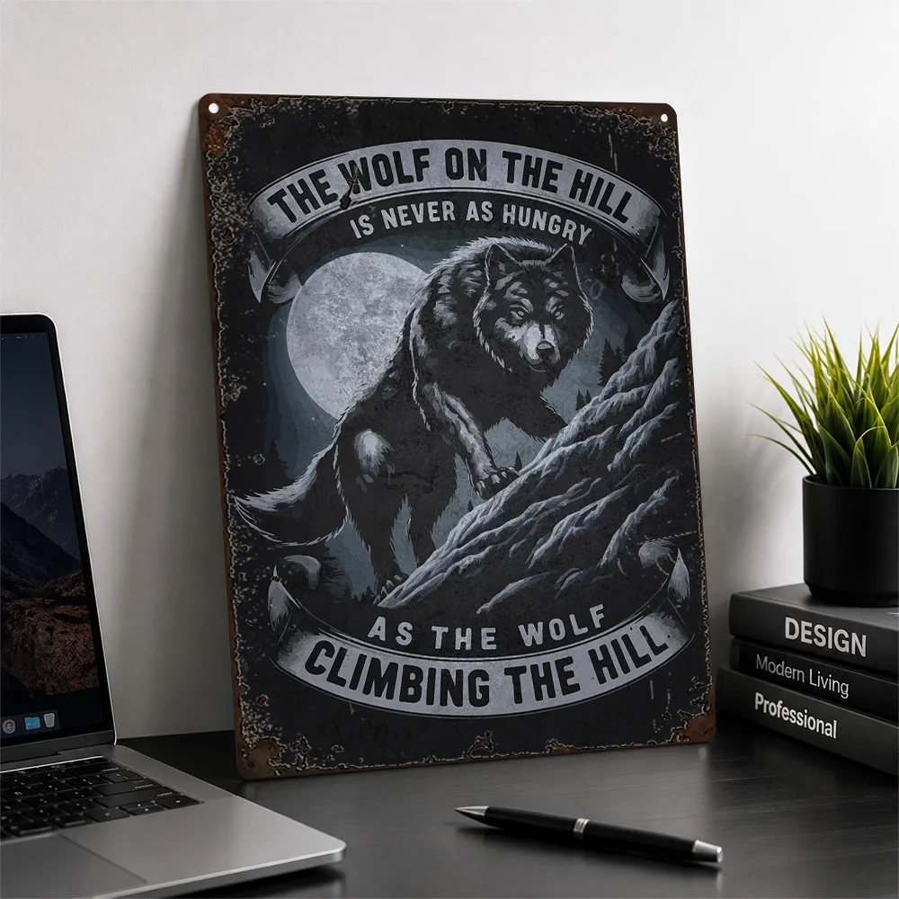 Wolf On Mountain Peak Quote Textured Metal Poster Monochrome Wall Art For Training Studio Customized Aluminum Sign Athlete Gift