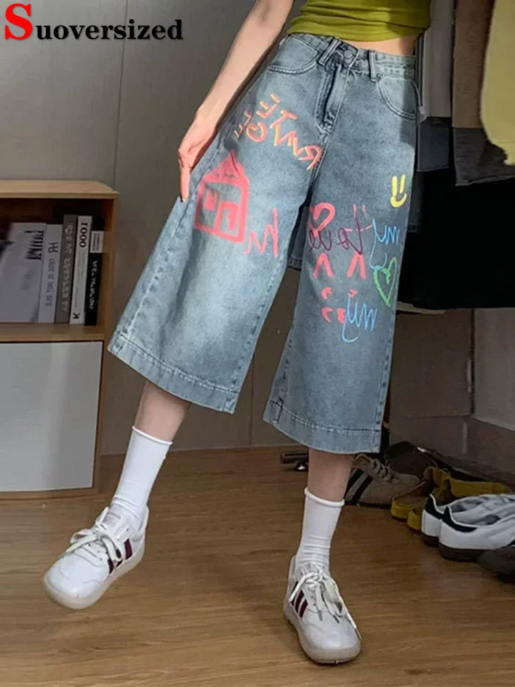 

Свободные прямые джинсы с рисунком каракулей, корейская мода, винтажные широкие джинсовые брюки с высокой талией, женская уличная одежда до икры Vaqueros