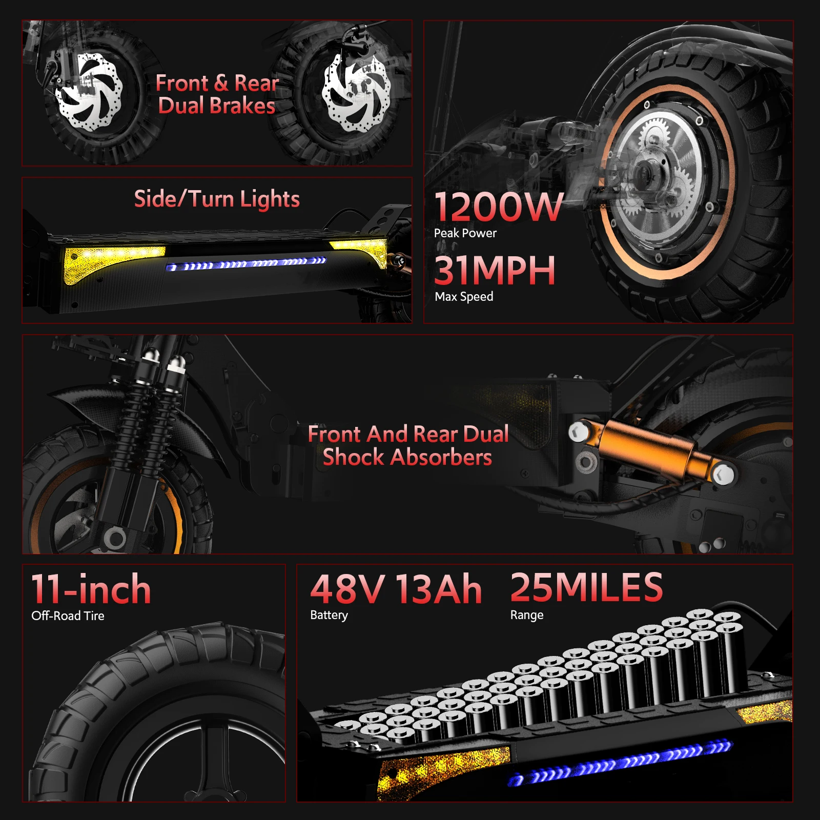 Off Road Electric Scooter, 1200W 25Miles Range 31 MPH,11