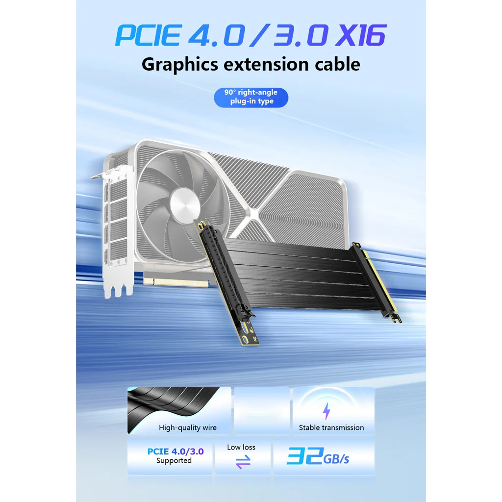 PCIe 3.0 / 4.0 X16 GPU Extension Riser Cable 90‑Degree 180° Dual Reverse Black For Vertical Graphics Card Mount ITX ATX Chassis