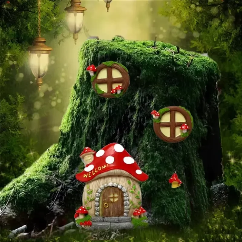 Factory direct sales resin luminous mushroom house decoration doors and windows garden decoration pendants