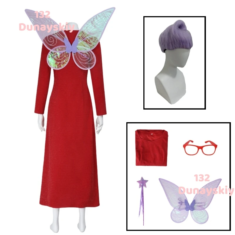 Mother Fairy Godmother Cosplay Costume Fairy Wings Magic Stick God Long Red Dress Women Carnival Party Props