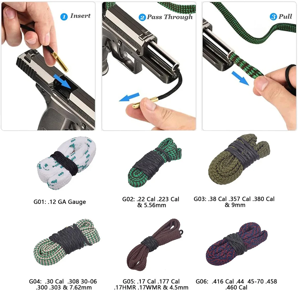 

Hunting Gun Bore Cleaner Rope .22 Cal.223 Cal.38 Cal& 5.56mm 7.62mm 12GA Rifle Cleaning Brush Kit Tool Rifle Barrel Calibre Rope