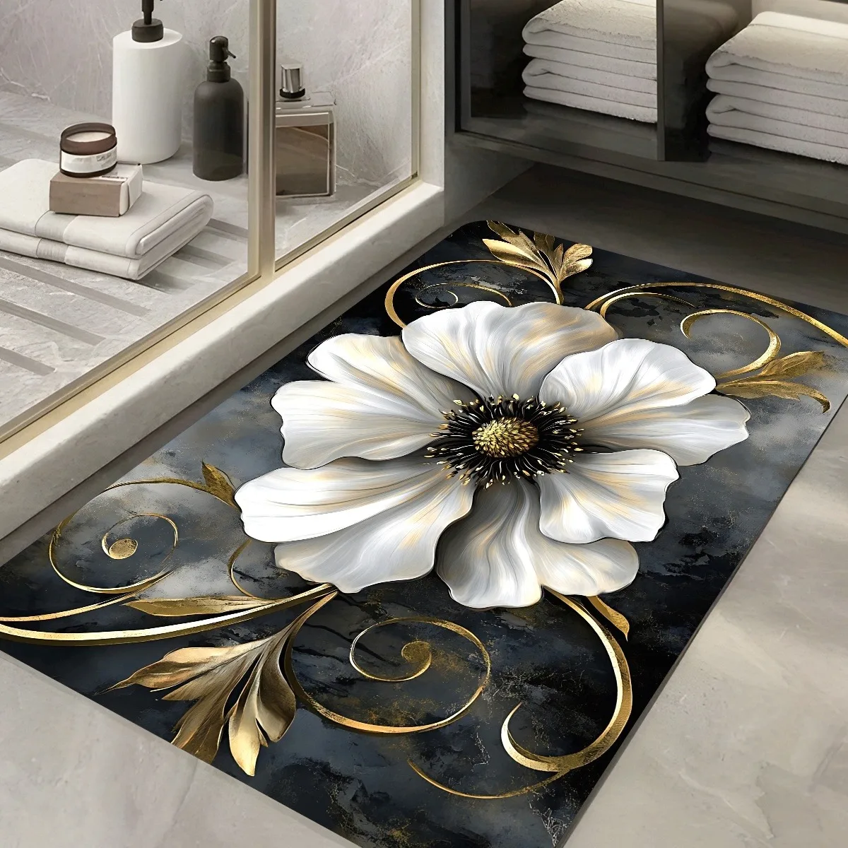 Modern Golden Floral Bathroom Rug  Dark Marble Background White Poppy Flower Luxury Decor Water Absorbent Bath Doormat