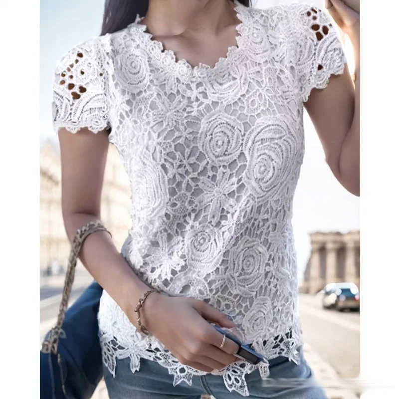 

Летняя милая однотонная полая белая кружевная женская топ с короткими рукавами, повседневная простая универсальная блузка с круглым вырезом, модная новинка myh13