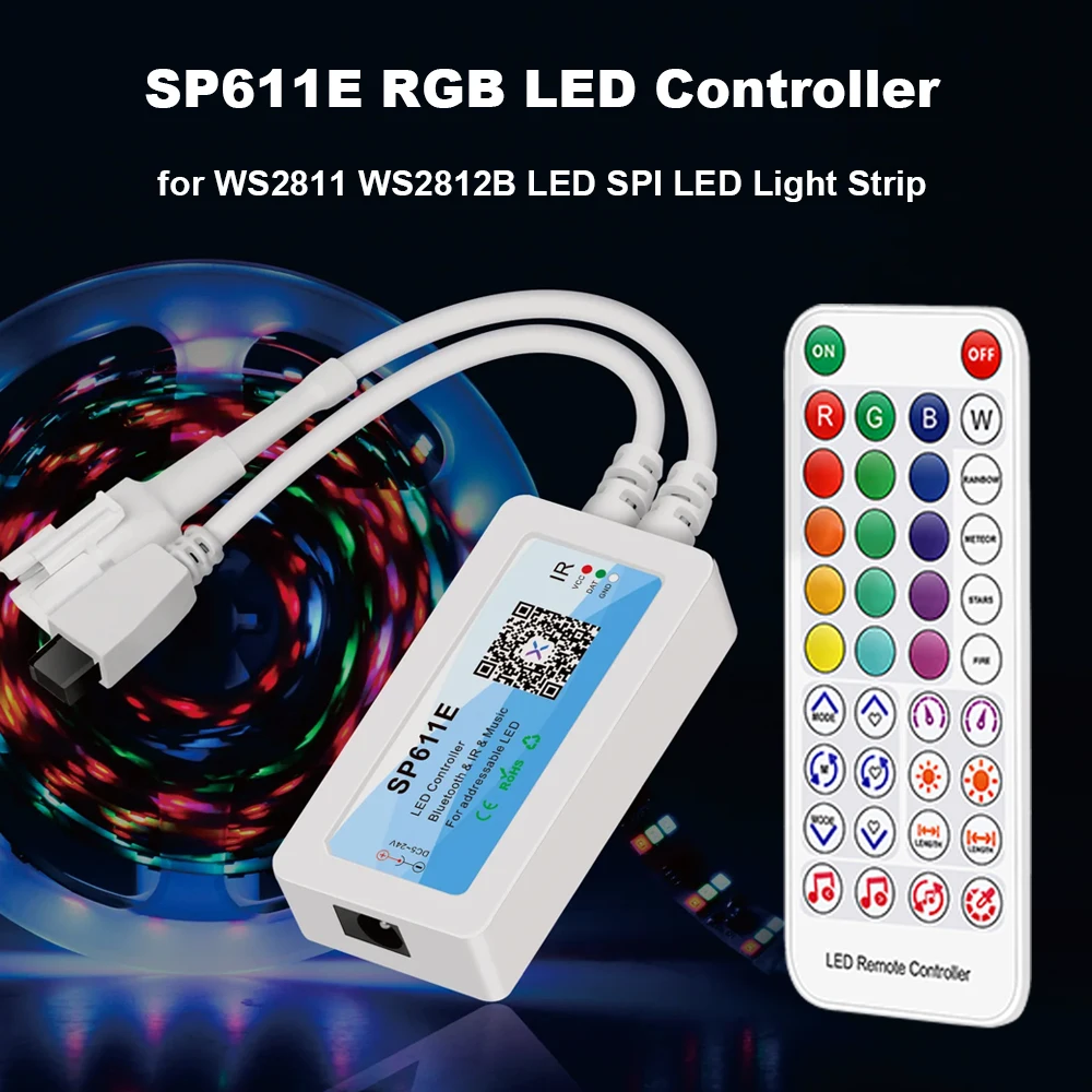 SP611E RGB LED Controller Music Bluetooth APP IR38 Keys Built In Mic For WS2812 WS2811 WS2812B RGB SPI LED Light Strip DC5V-24V